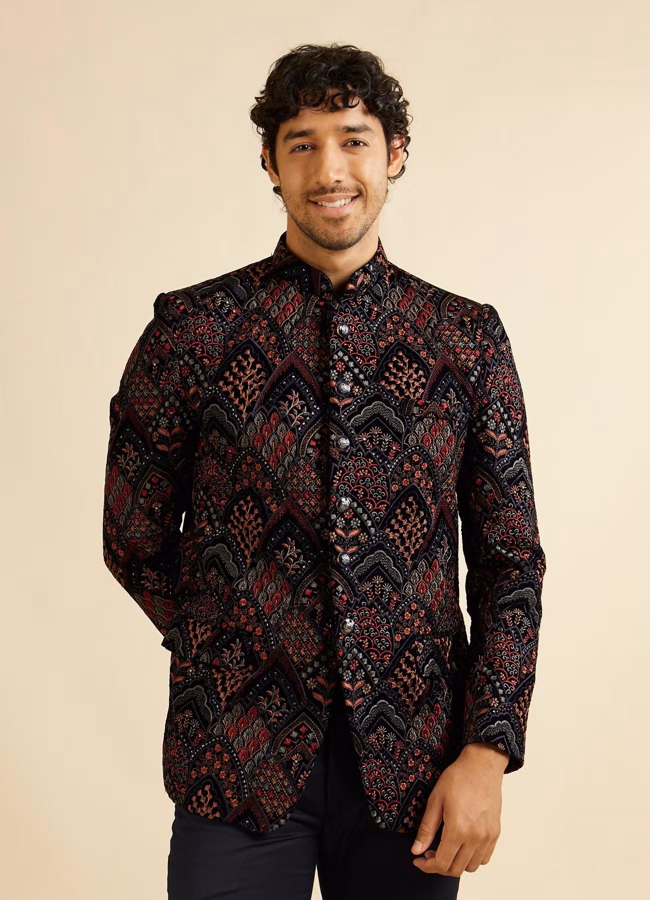 Dark Blue Fern Motifs in Fish Scale Pattern Jodhpuri Set